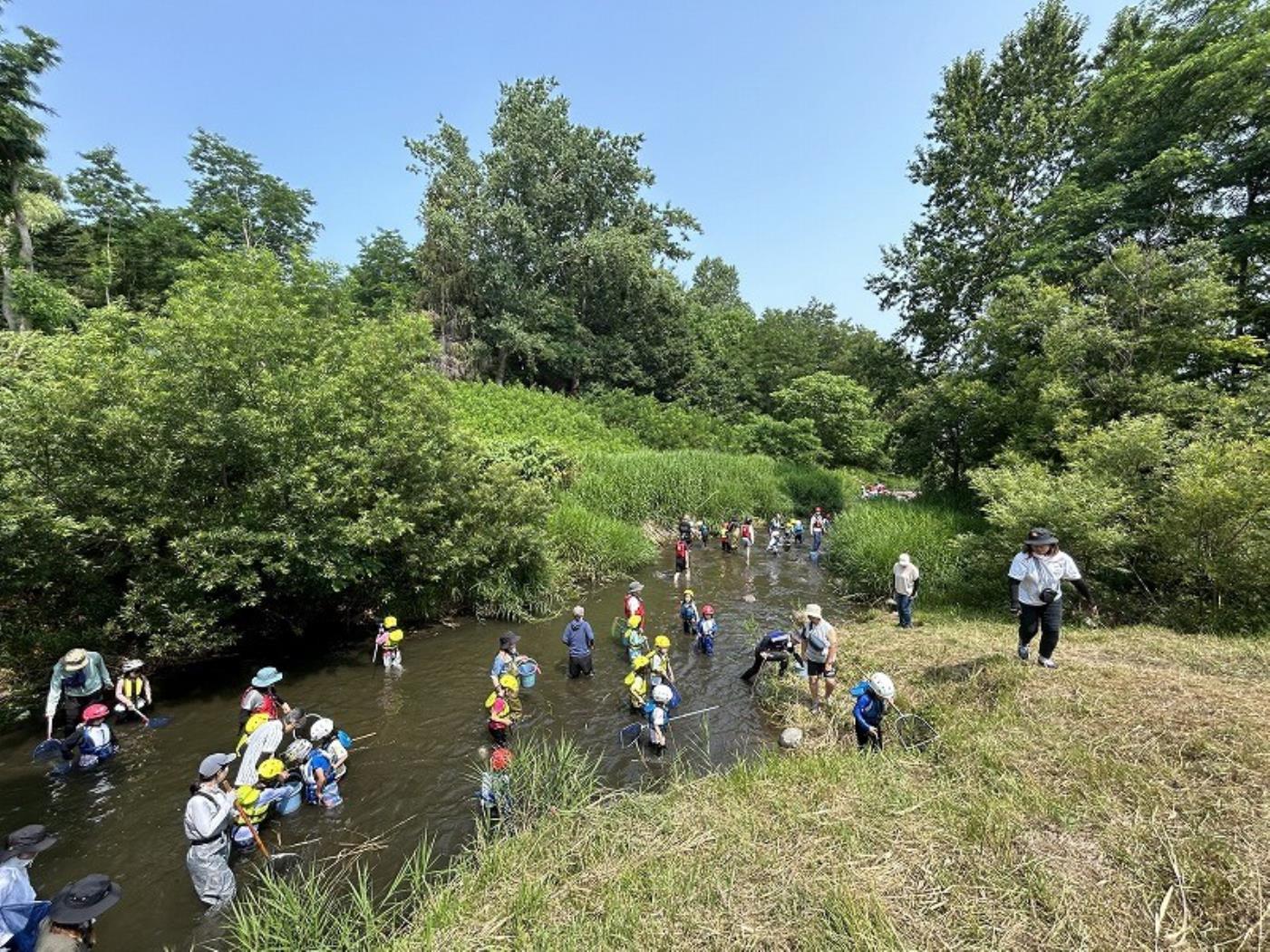 真駒内公園小で川遊び授業